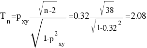 T_{n} = p_{xy} {sqrt{n-2}}/{sqrt{1 - p^{2}_{xy}}} = 0.32 {sqrt{38}}/{sqrt{1 - 0.32^{2}}} = 2.08