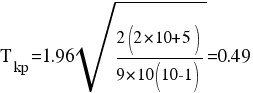 T_{kp} = 1.96 sqrt{{2(2 mul 10+5)}/{9 mul 10(10-1)}} = 0.49